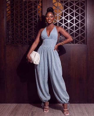 Denim Plunge Neck Corset Top Balloon Pants Jumpsuit