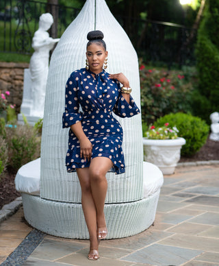 DARK BLUE POLKA DOTS HOLLOW OUT RUFFLE DRESS