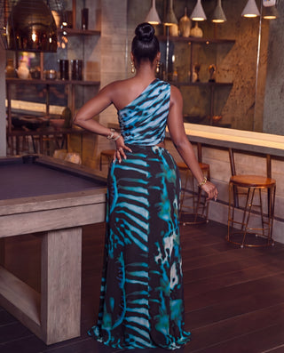 BLUE WAVE ONE SHOULDER DRESS