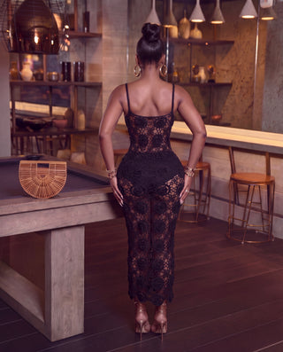 Black Rose Crochet Flower Bodycon Maxi Dress