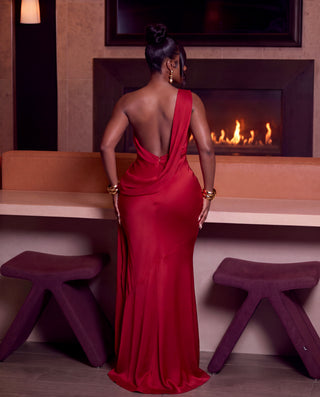 Red Flowing drape satin dress