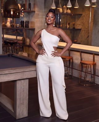 Monette linen Off shoulder Draped Pant Set