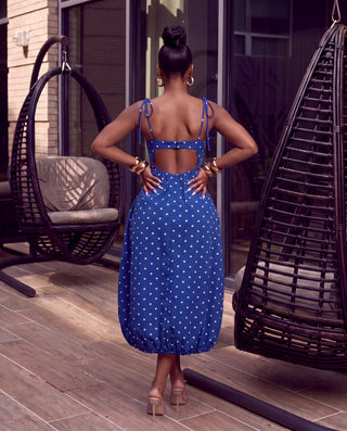 Blue Dottie Midi Bubble Hem Tie Strap Dress