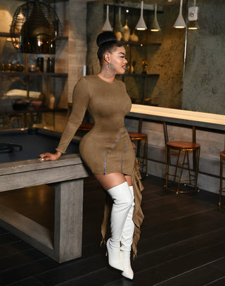 NAOMI SUEDE ZIPPERED RUFFLE MINI DRESS - MOCHA