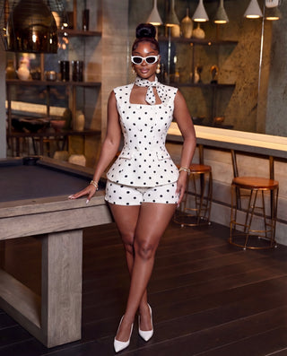 Polkadot Printed Double Breasted Blazer and Shorts Set