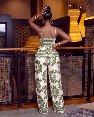 Printed Peplum Waist Tie Detail Top with Pants Set