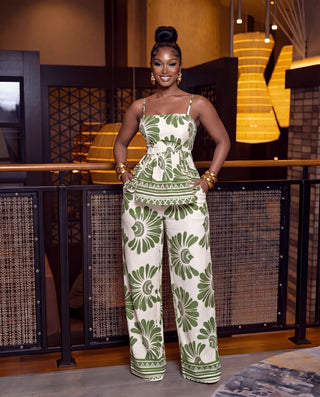 Printed Peplum Waist Tie Detail Top with Pants Set