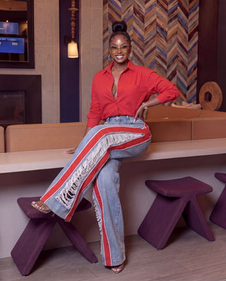 SHY GIRL COLORBLOCK DISTRESS DENIM ( RED )
