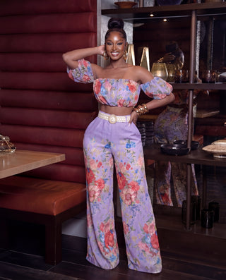 Always The Moment Floral Print Two-Piece Wide-Leg set ( Lavender)