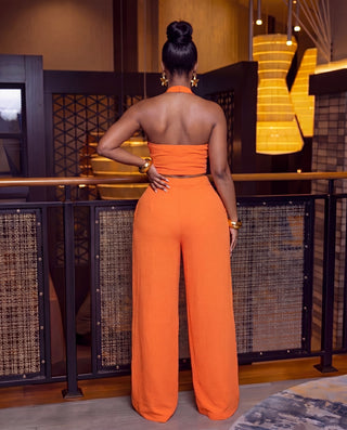 Trim Detail Draped Neck Halter Top with Wide Leg Pants Set