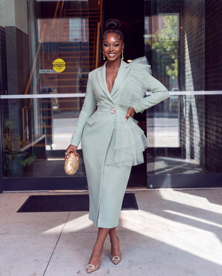 Sage Tulle Ruffle Blazer Midi Dress