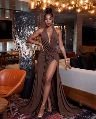 brown satin halter maxi dress Annissa Plunge Halter Maxi Dress | Dark Brown | Womens