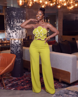 LIME WHITE TRIM APPLIQUE CROP TOP & PANTS SET