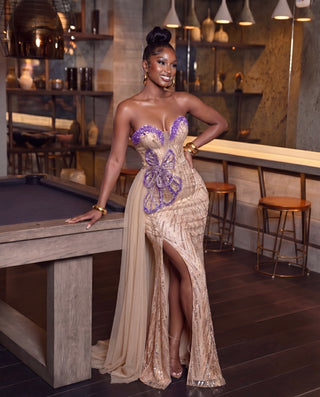 Open Shoulder Point Sequin Ribbon Dress