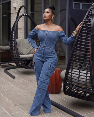 Off Shoulder Wide Leg Denim Jumpsuit