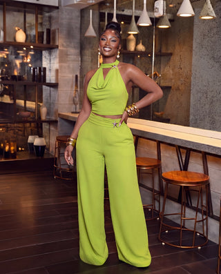 Trim Detail Draped Neck Halter Top with Wide Leg Pants Set