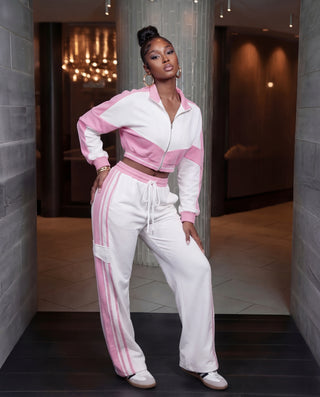 Zip Up Sweater & Elastic Waist Pants Colorblock 2pc. Set