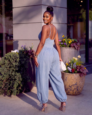 Denim Plunge Neck Corset Top Balloon Pants Jumpsuit