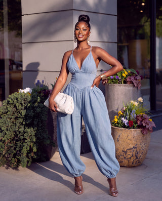 Denim Plunge Neck Corset Top Balloon Pants Jumpsuit