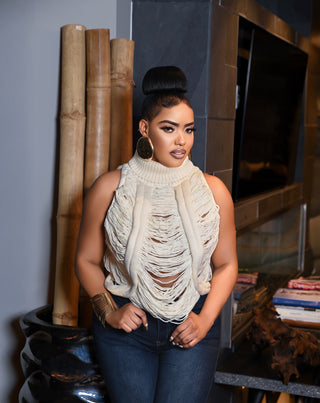 Shredded Sleeveless Sweater - Cream