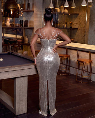 Chiquita Rhinestone Sequin Maxi Dress in Silver