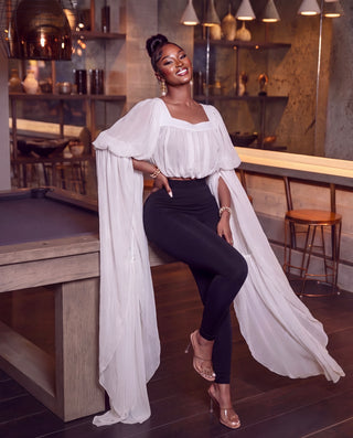 WHITE SO CHIC SQUARE NECK LONG DRAMATIC SLEEVES TOP
