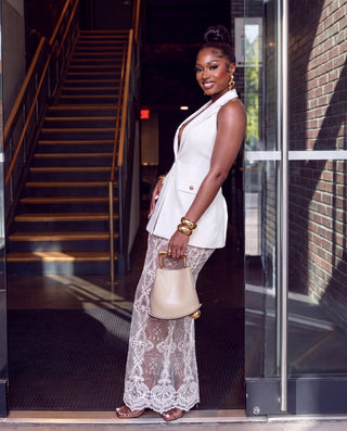 KANZY TAILORED BLAZER TOP AND LACE SKIRT