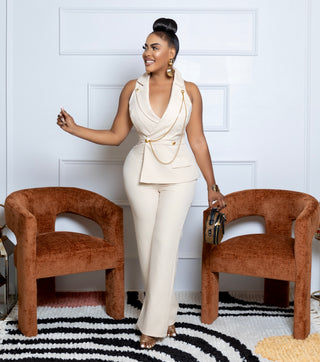 Cream Victoria tuxedo Chain and Button Detail Jumpsuit