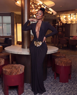 JOLYNE DRAPED GOWN WITH GOLD DETAIL