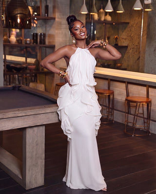 Reissa Backless Ruffle Maxi Dress