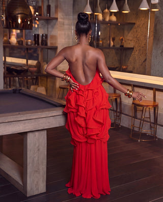 Red Reissa Backless Ruffle Maxi Dress
