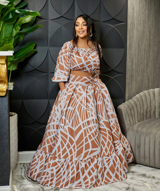 LATESHA BLUE BROWN OFF SHOULDER TOP AND MAXI SKIRT SET