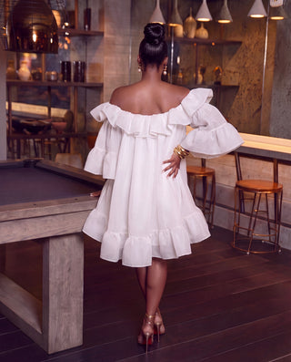 White Off Shoulder Ruffled Mini Dress