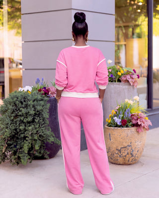 Pink Contrast trim piping sweater set