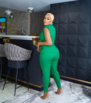 GREEN CHIC IN THE CITY SILVER ACCENT VEST PANTS SET
