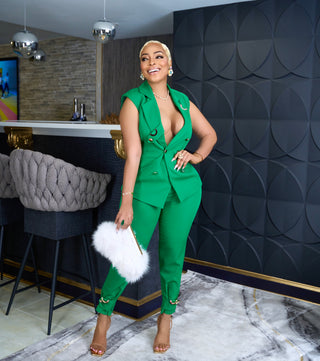 GREEN CHIC IN THE CITY SILVER ACCENT VEST PANTS SET