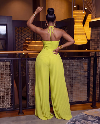 Pleated Braided Strap Halter Neck Jumpsuit