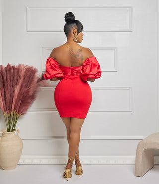 PUFF SLEEVE SATIN PONTE MINI DRESS