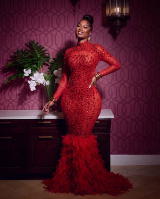 Red Carpet Glamour Luxury Red rhinestone Feather Gown