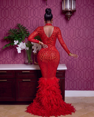 Red Carpet Glamour Luxury Red rhinestone Feather Gown