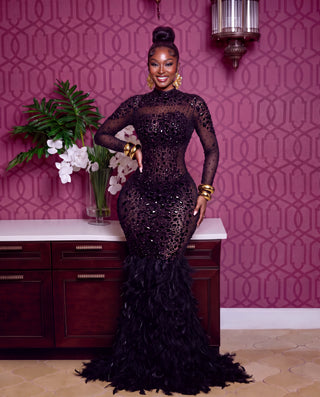 Black Carpet Glamour Luxury Red rhinestone Feather Gown