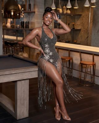 VEGAS TASSELED RHINESTONE DRESS