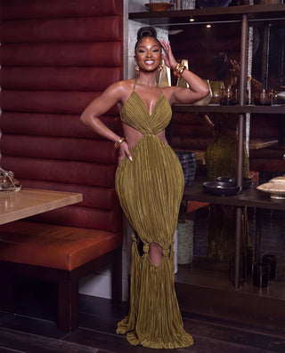 Alexa Pleated Halter Cutout Maxi Dress With Tie Knot Hem Detail