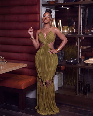 Alexa Pleated Halter Cutout Maxi Dress With Tie Knot Hem Detail
