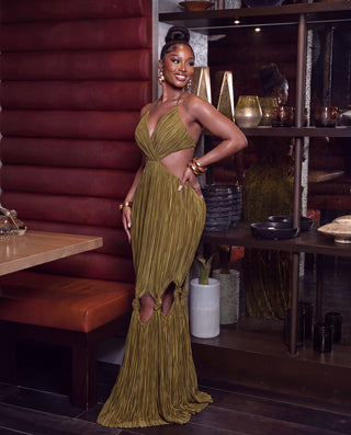 Alexa Pleated Halter Cutout Maxi Dress With Tie Knot Hem Detail