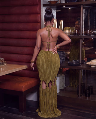 Alexa Pleated Halter Cutout Maxi Dress With Tie Knot Hem Detail