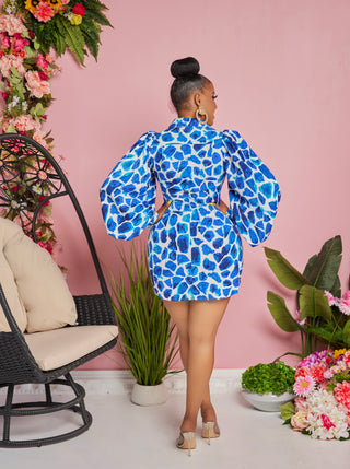 SPOTTED BUTTON UP SHIRRED DRESS
