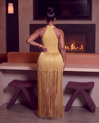 Beaded Halter Fringe Maxi Dress