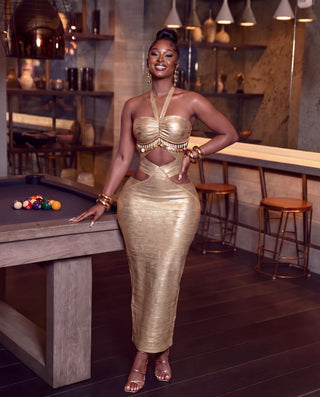 GOLD METALLIC CUT-OUT HALTER MAXI DRESS