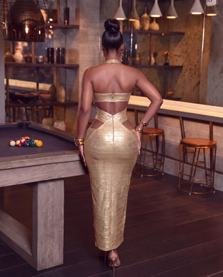 GOLD METALLIC CUT-OUT HALTER MAXI DRESS
